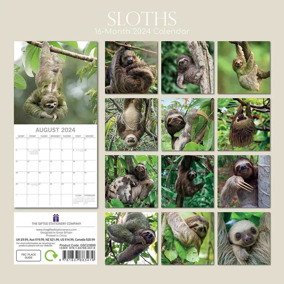 Sloths - 2024 Square Wall Calendar Pets Animals 16 Months New Year Gift Planner Price