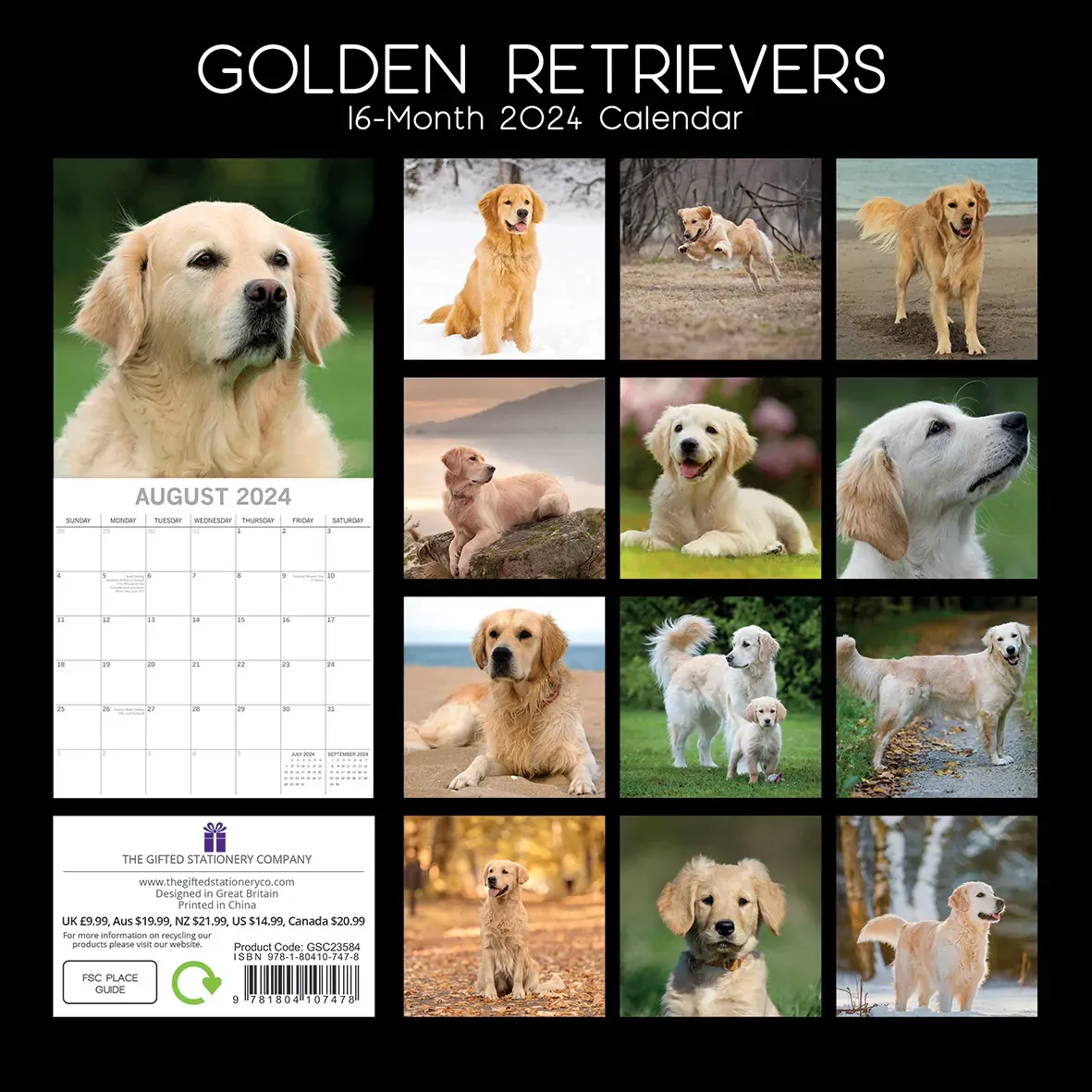 Golden Retrievers - 2024 Square Wall Calendar Pets Dog 16 Months Premium Planner Price