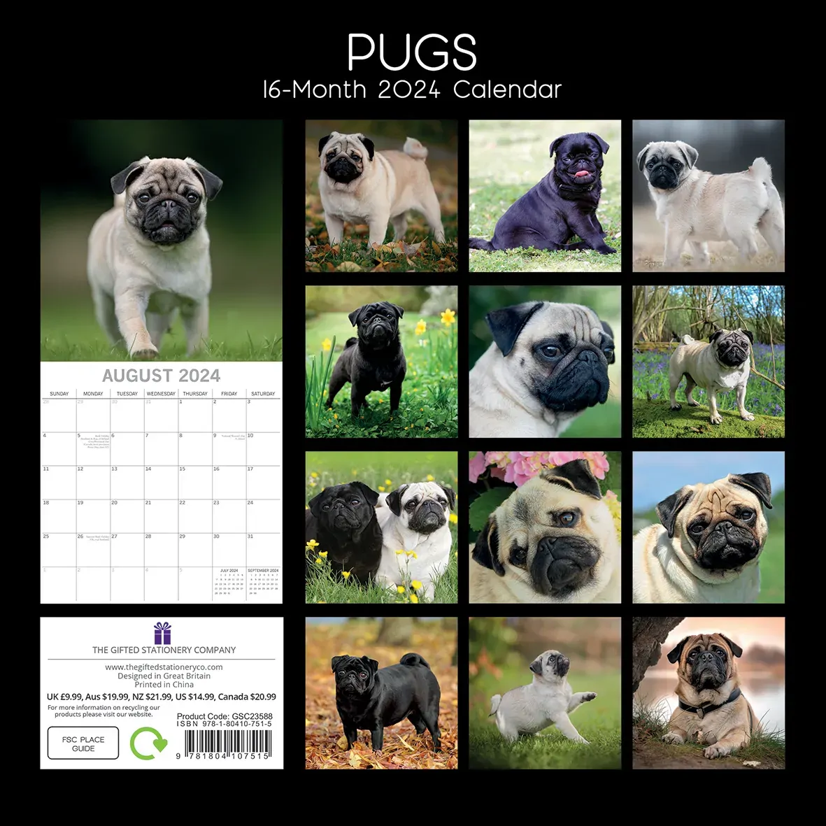 Pugs - 2024 Square Wall Calendar Pets Dog 16 Month Premium Planner New Year Gift Price