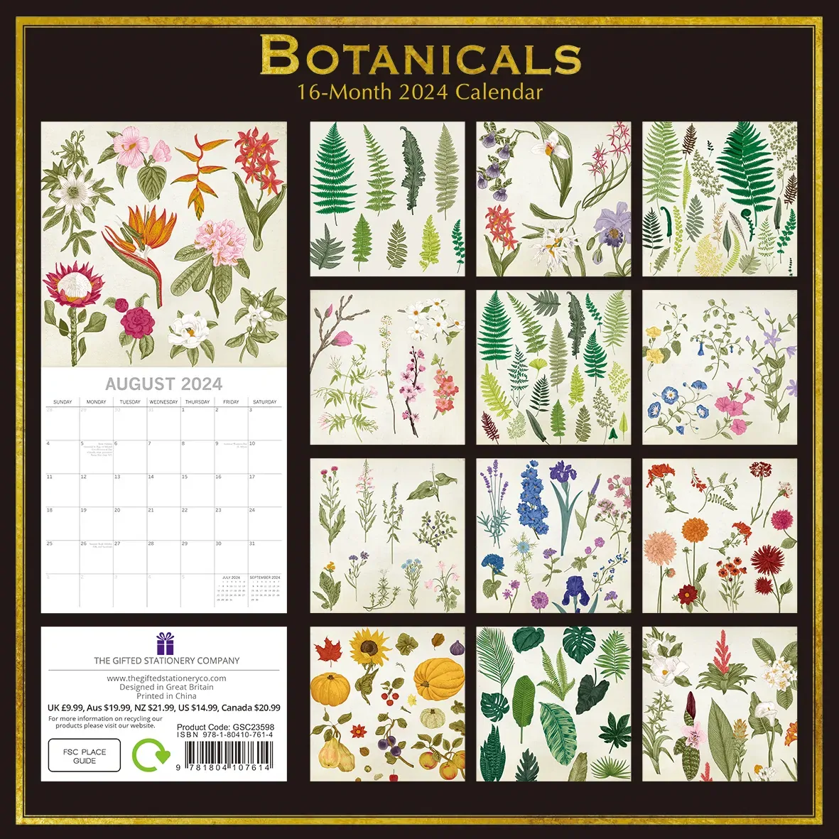 Botanicals - 2024 Square Wall Calendar 16 Months Arts Planner Xmas New Year Gift Price