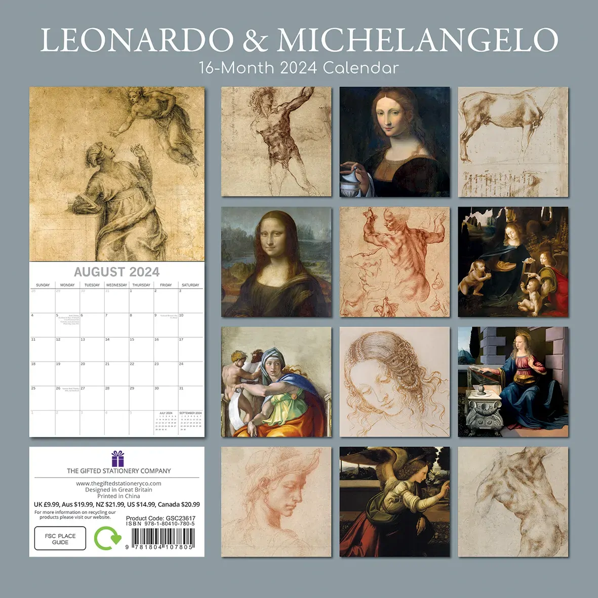 Leonardo & Michelangelo - 2024 Square Wall Calendar 16 Months Arts Planner Gift Price