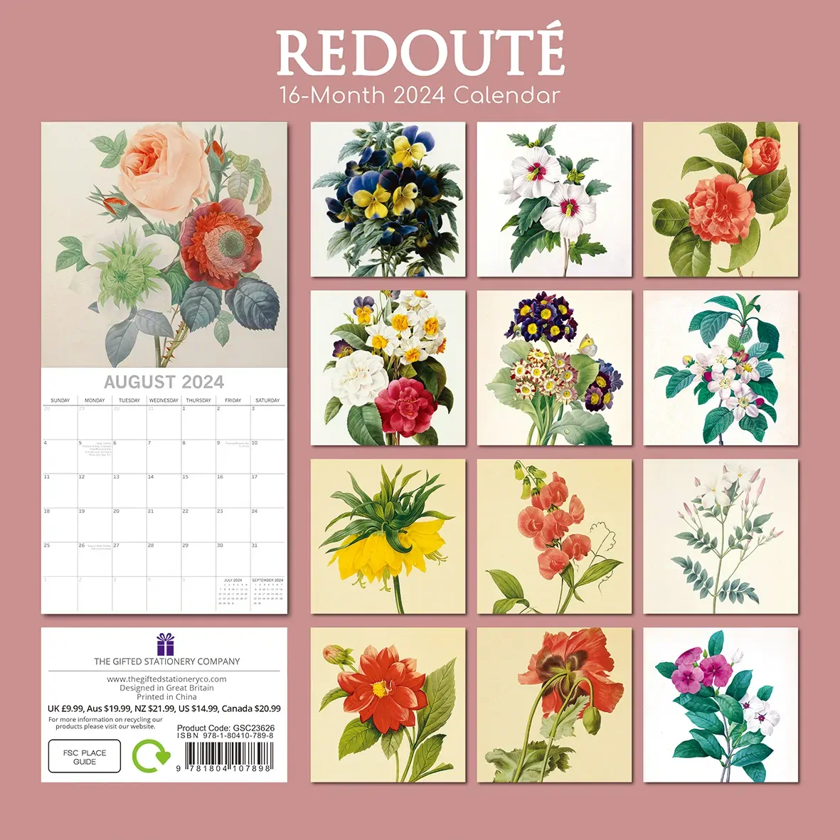 Redouté 2024 Square Wall Calendar 16 Months Arts Planner Christmas New Year Gift Price
