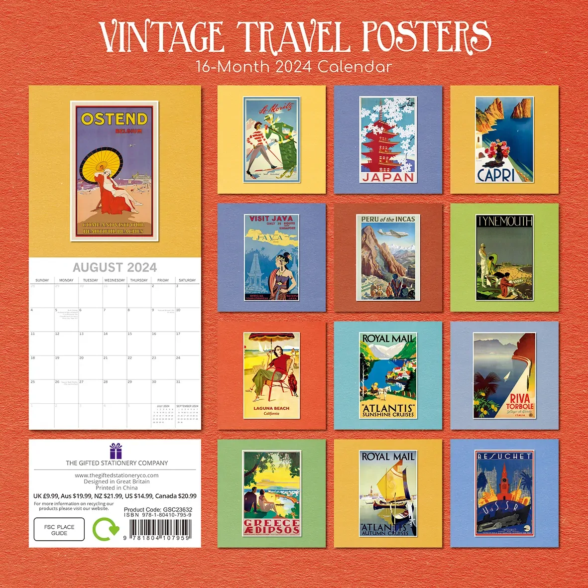 Vintage Travel Posters - 2024 Square Wall Calendar 16 Months Arts Planner Gift Price