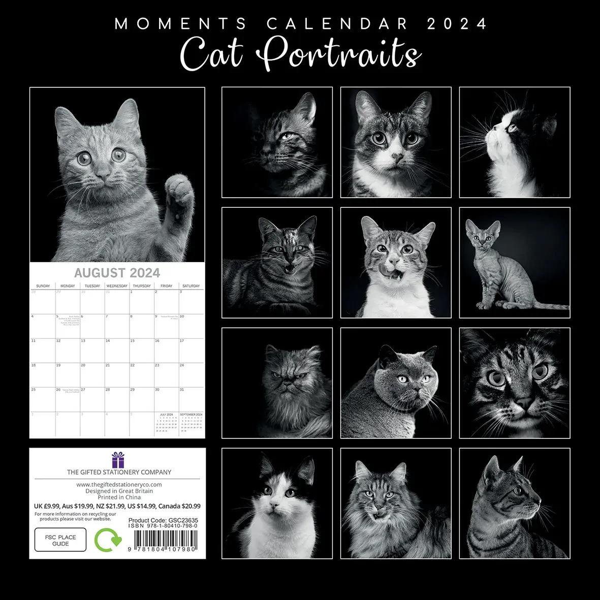 Cat Portraits - 2024 Square Wall Calendar 16 Months Black & White Planner Gift Price