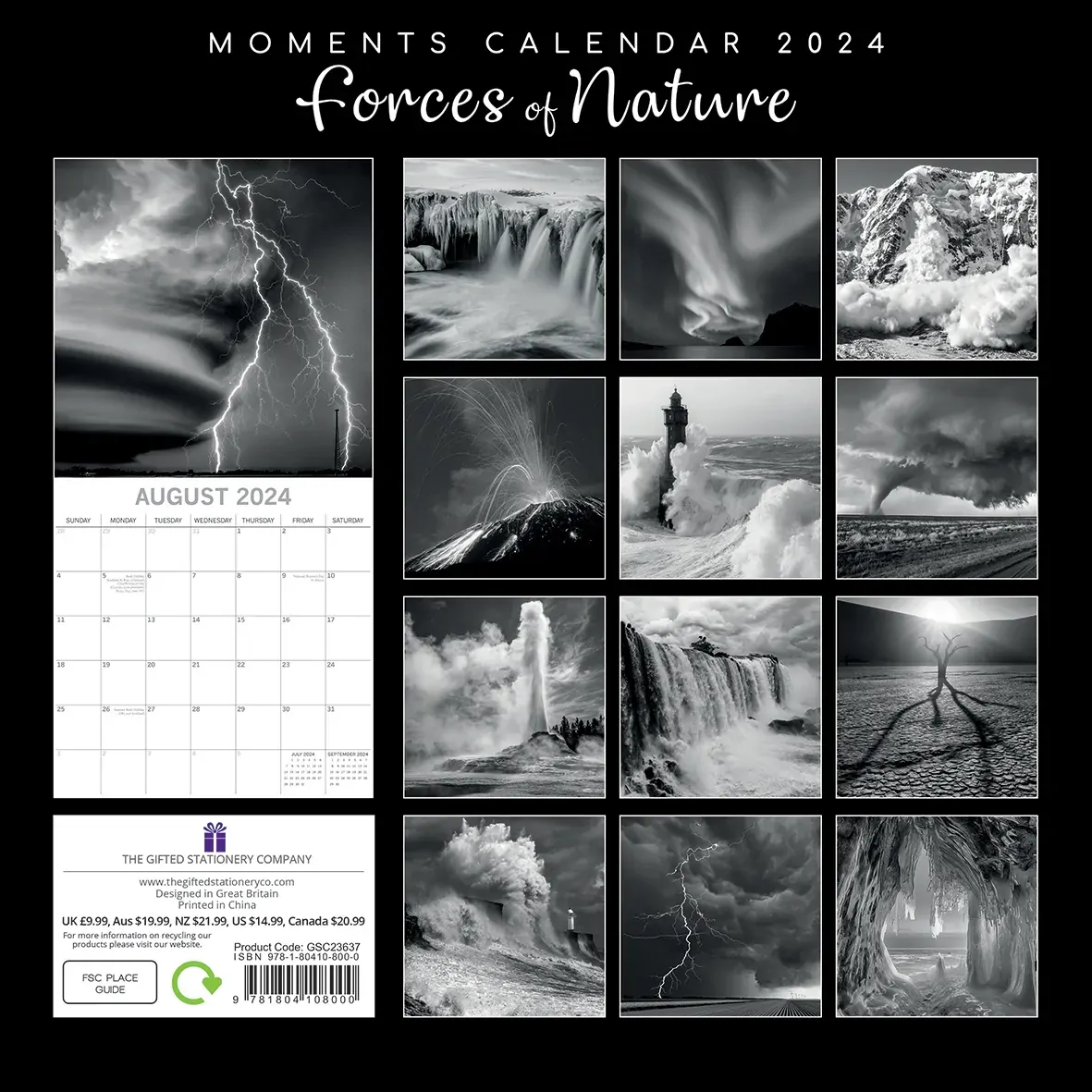 Forces of Nature - 2024 Square Wall Calendar 16 Month Black & White Planner Gift Price