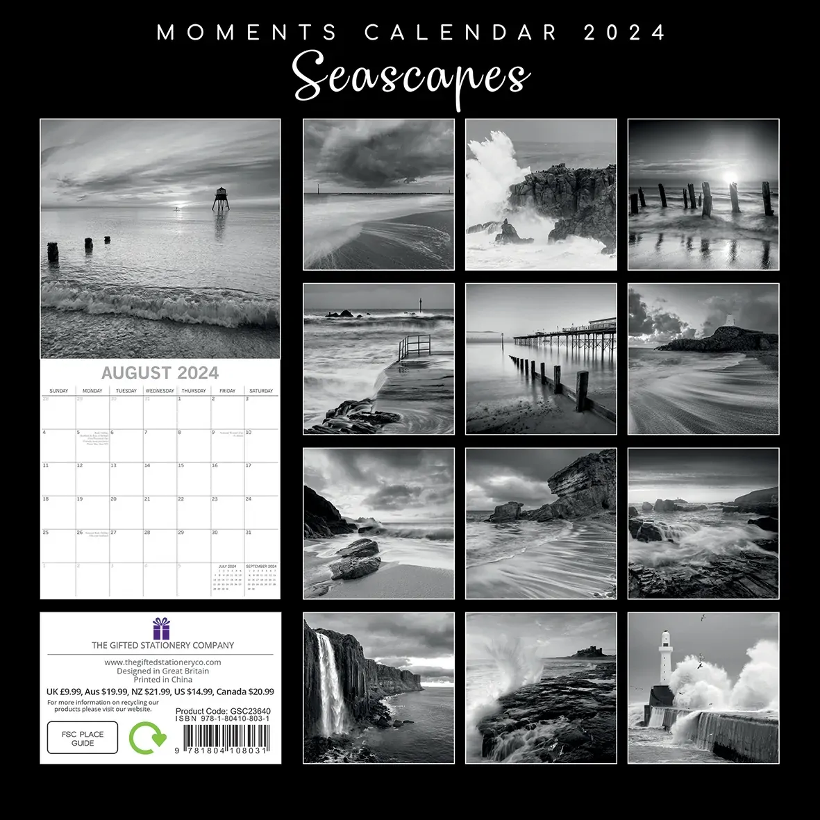 Seascapes 2024 Square Wall Calendar 16 Month Black & White Planner New Year Gift Price