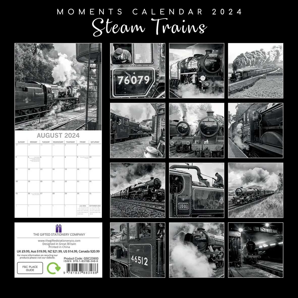 Steam Trains - 2024 Square Wall Calendar 16 Month Black & White Planner New Year Price