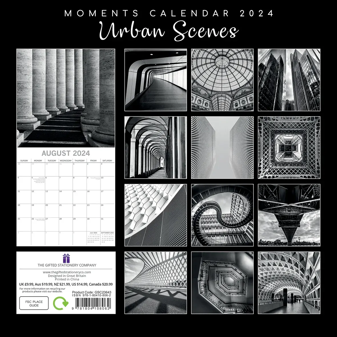 Urban Scenes - 2024 Square Wall Calendar 16 Months Black & White Planner Gift Price