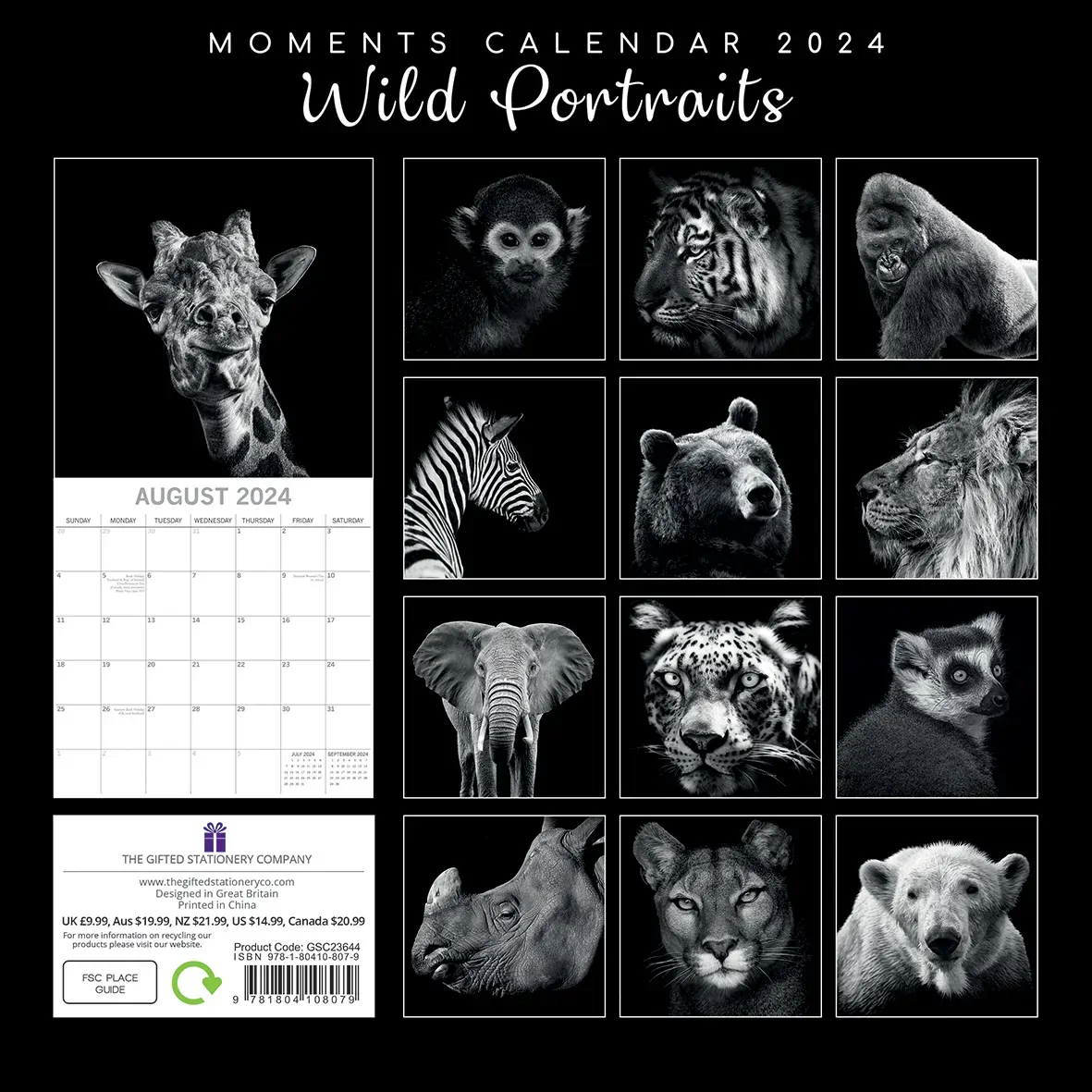 Wild Portraits - 2024 Square Wall Calendar 16 Months Black & White Planner Gift Price