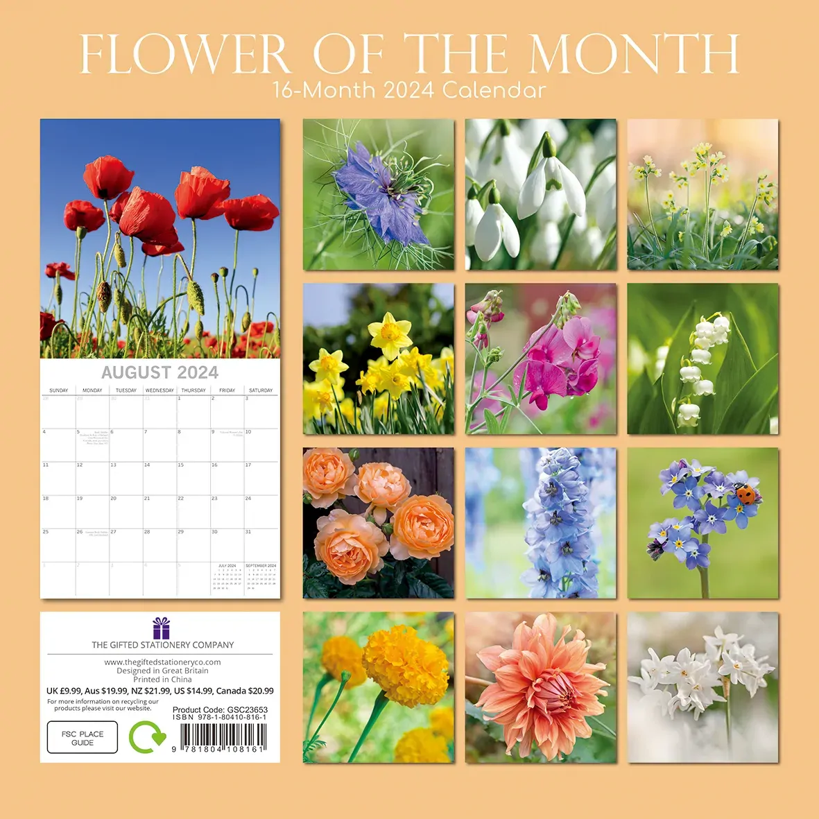 Flower of the Month - 2024 Square Wall Calendar 16 Months Floral Planner Gift Price