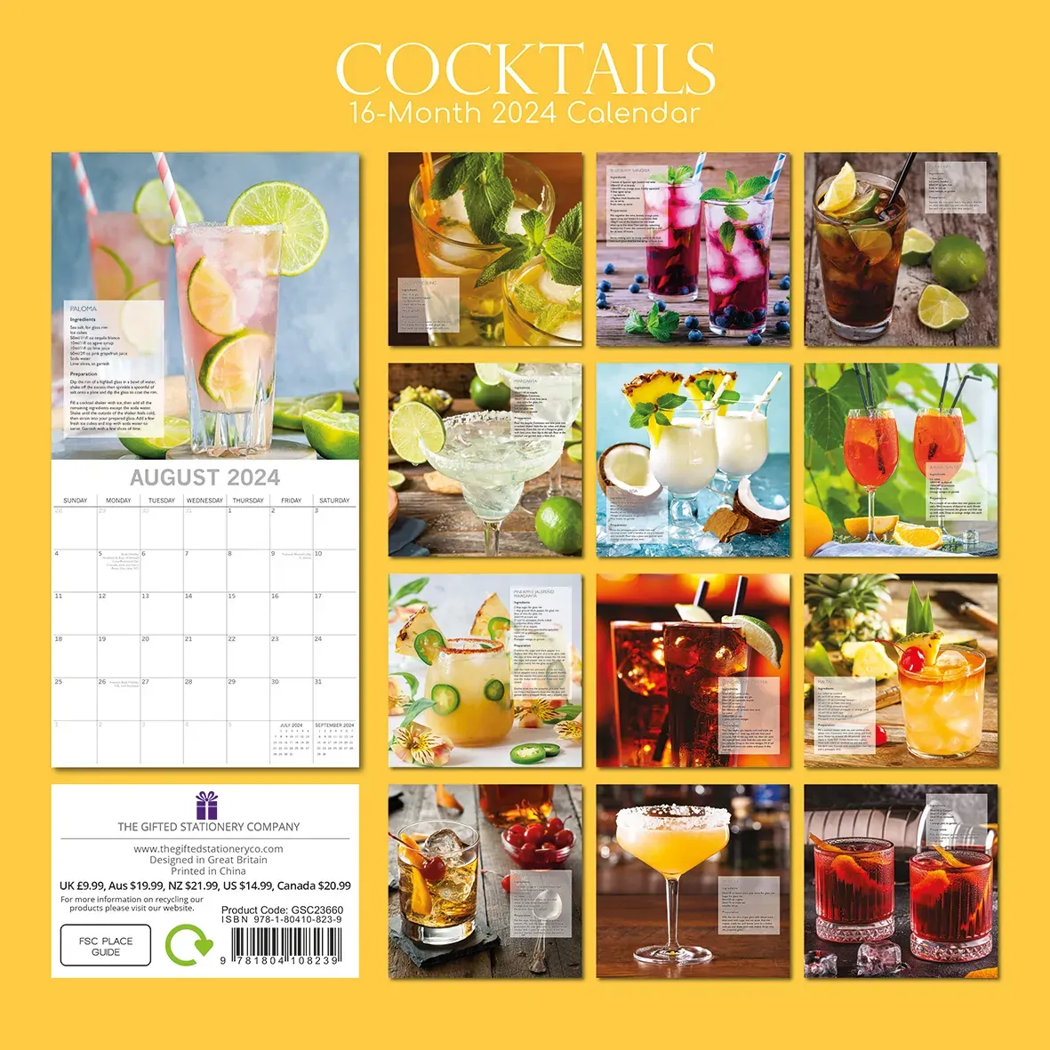 Cocktails - 2024 Square Wall Calendar 16 Months Food Planner New Year w Recipes Price