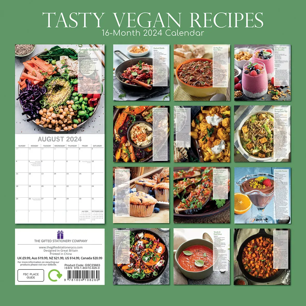 Tasty Vegan Recipes - 2024 Square Wall Calendar 16 Months Food Planner Xmas Gift Price