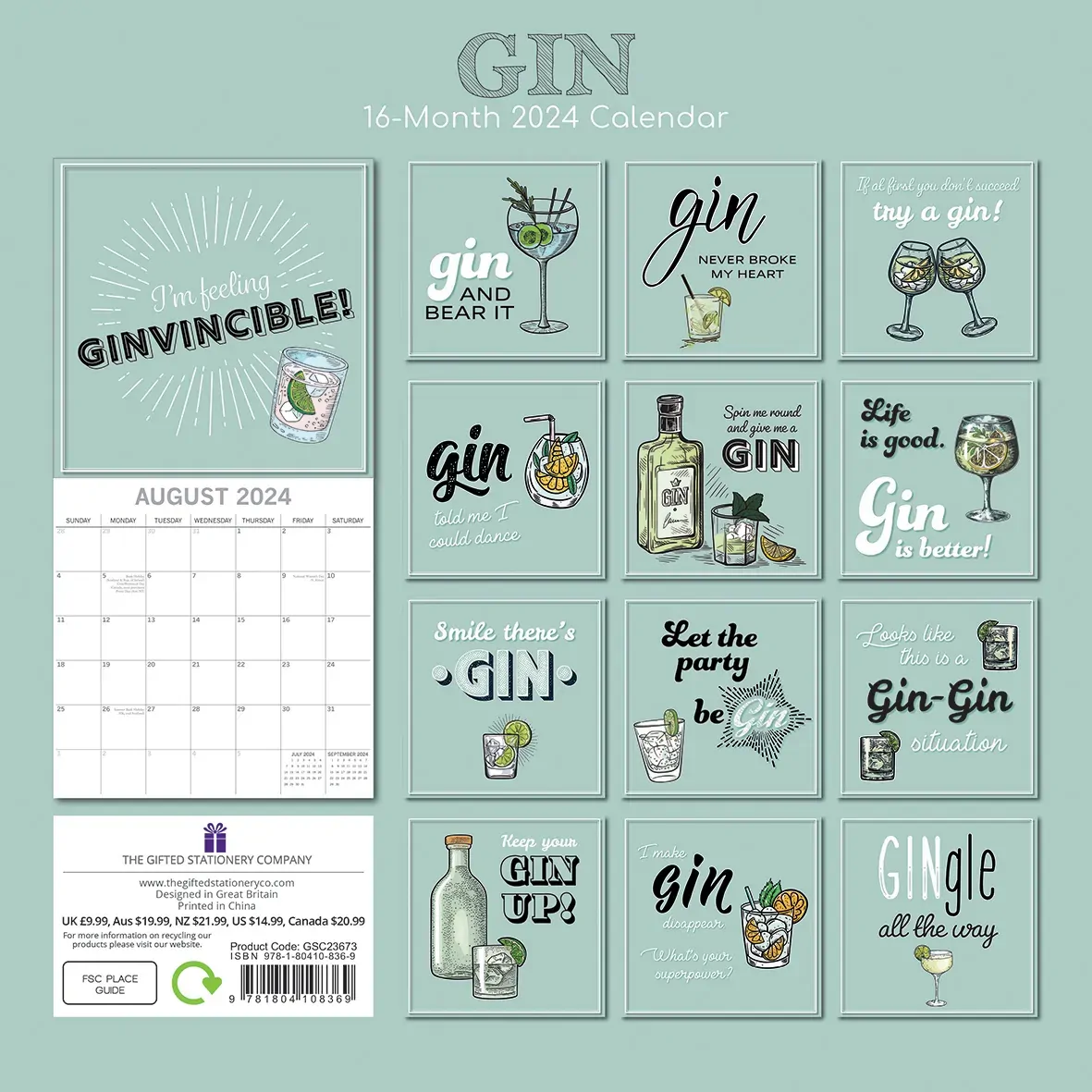 Gin - 2024 Square Wall Calendar 16 Months Funny Planner Christmas New Year Gift Price