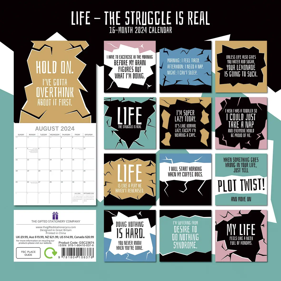 Life - The Struggle is Real - 2024 Square Wall Calendar 16 Months Planner Gift Price