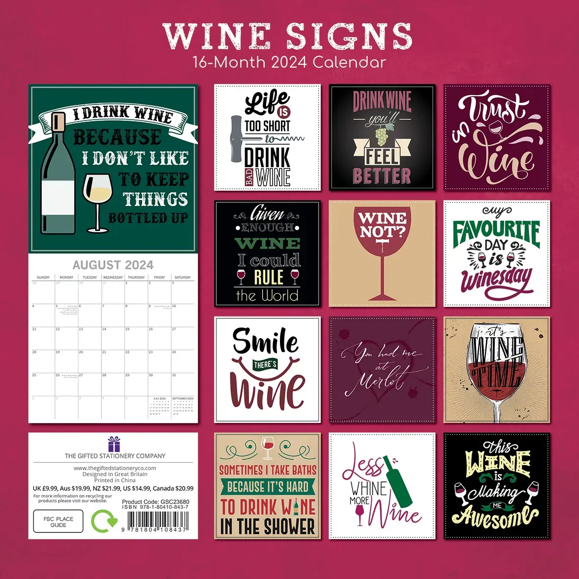 Wine Signs - 2024 Square Wall Calendar 16 Months Planner Christmas New Year Gift Price