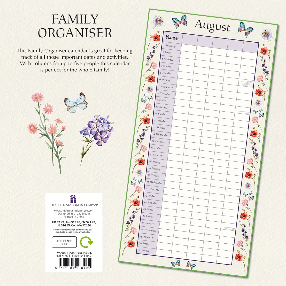 Floral Family Organiser 2024 Square Wall Calendar 16 Month School Flower Planner Price