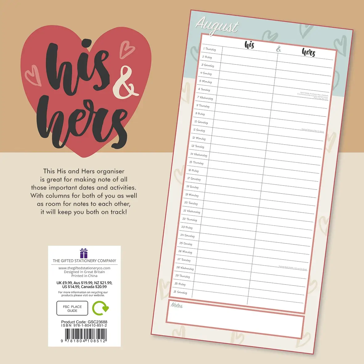 His & Hers Organiser - 2024 Square Wall Calendar 16 Months Planner New Year Gift Price
