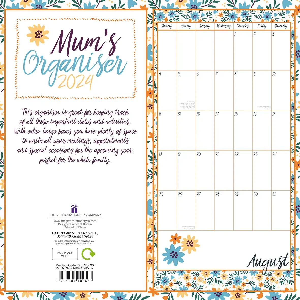 Mum's Organiser 2024 Square Wall Calendar 16 Months School Planner New Year Gift Price