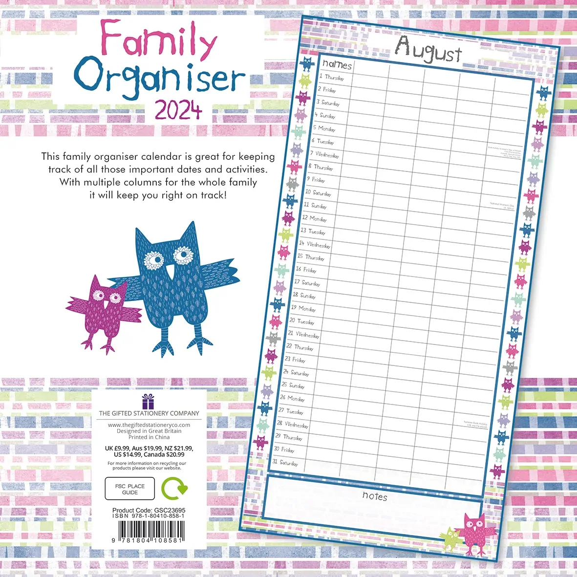 Owls Family Organiser - 2024 Square Wall Calendar 16 Month School Planner Birds Price