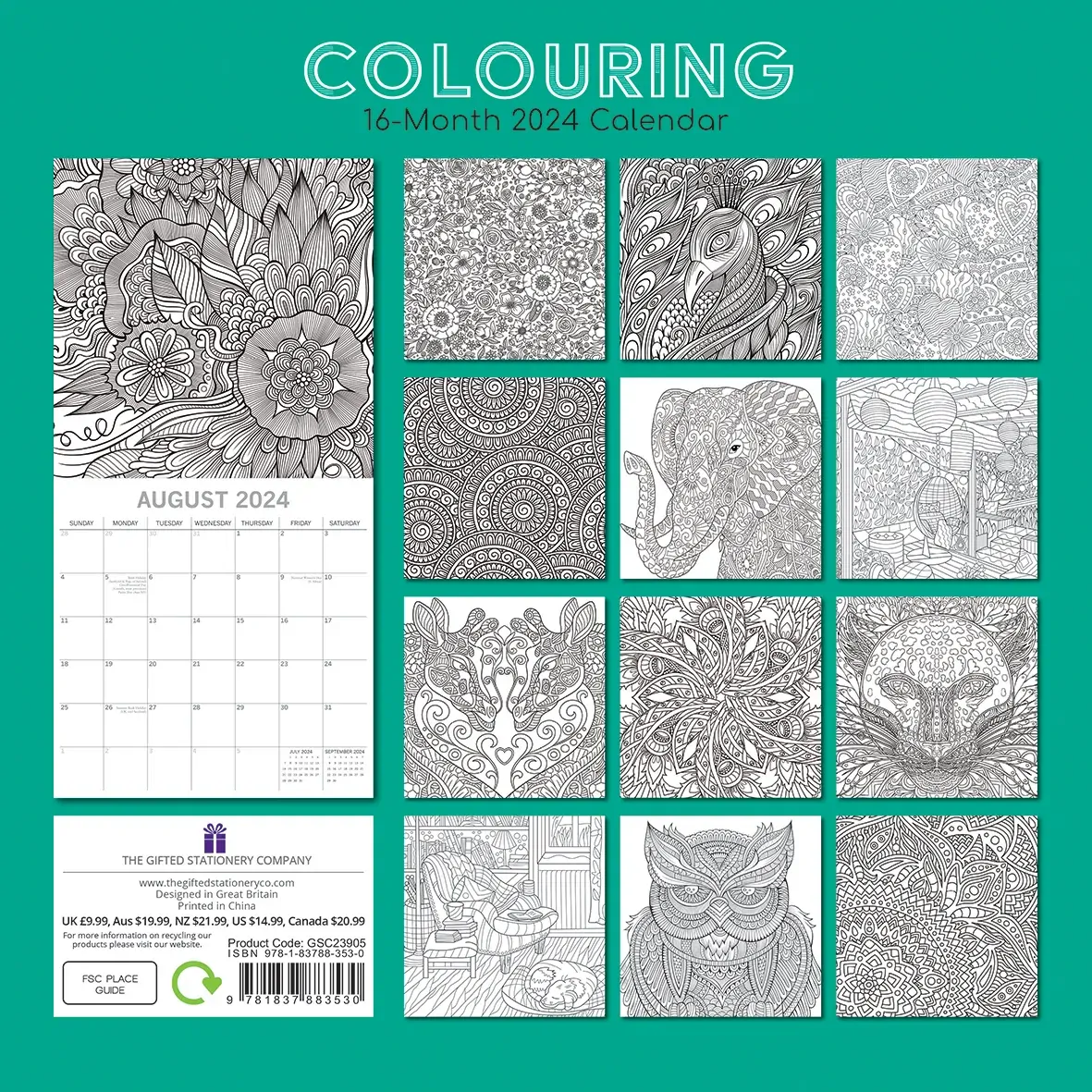 Colouring Calendar - 2024 Square Wall Calendar 16 Months Lifestyle Planner Gift Price