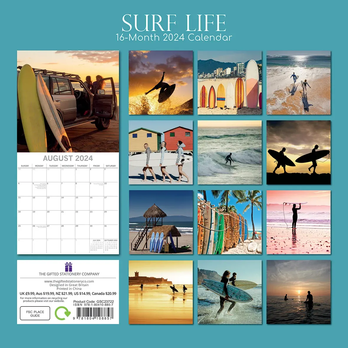 Surf Life - 2024 Square Wall Calendar 16 Months Lifestyle Planner New Year Gift Price