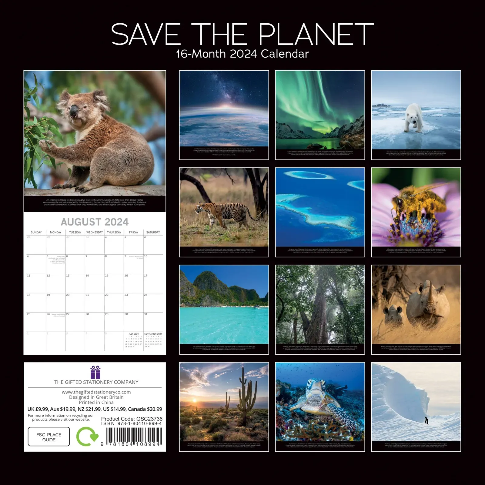 Save the Planet - 2024 Square Wall Calendar 16 Months Planner Xmas New Year Gift Price
