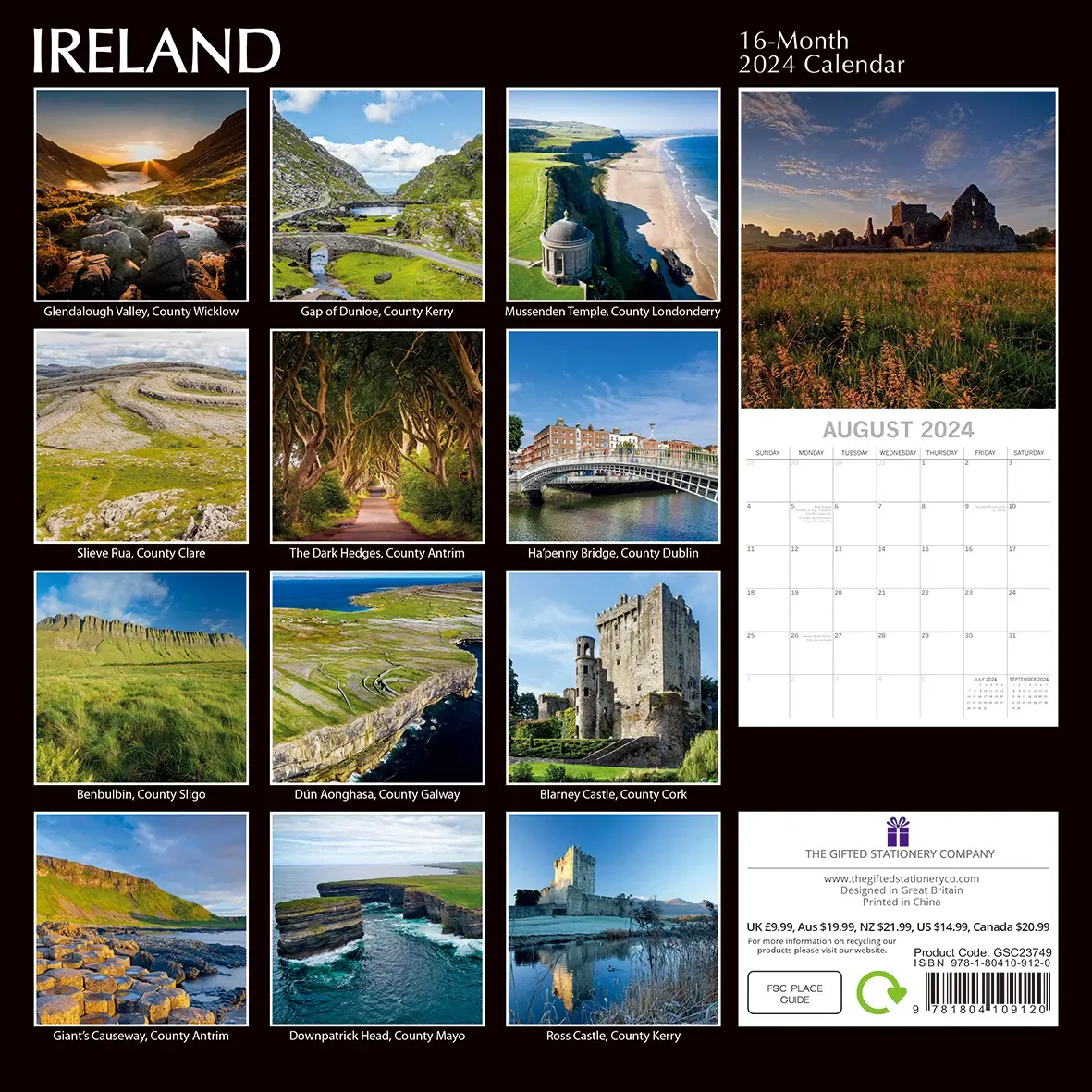Ireland - 2024 Square Wall Calendar 16 Months Premium Planner Xmas New Year Gift Price