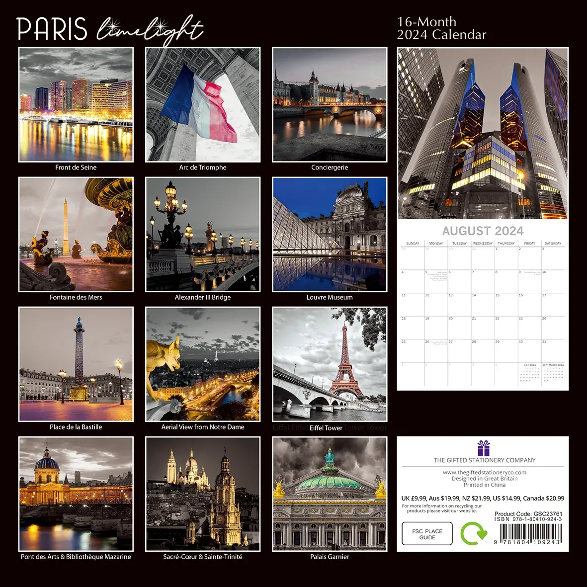 Paris Limelight - 2024 Square Wall Calendar 16 Months Planner Xmas New Year Gift Price
