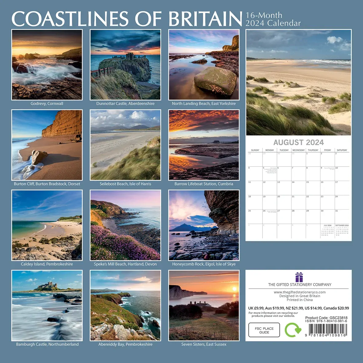 Coastlines of Britain - 2024 Square Wall Calendar 16 Months Premium Planner Gift Price