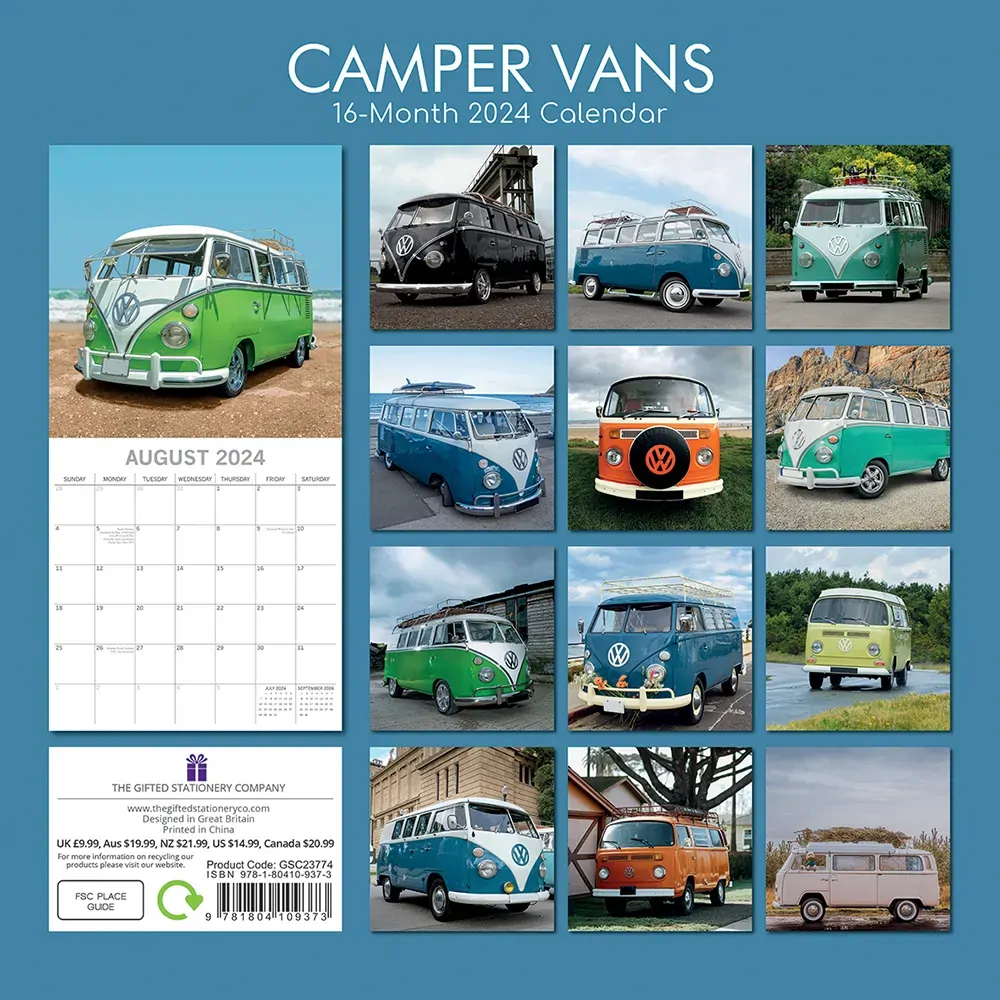 Camper Vans - 2024 Square Wall Calendar 16 Month Planner Christmas New Year Gift Price