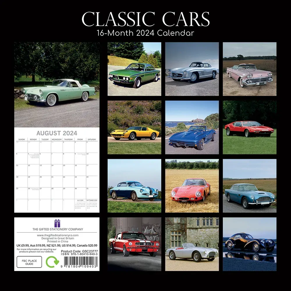 Classic Cars 2024 Square Wall Calendar 16 Months Planner Christmas New Year Gift Price