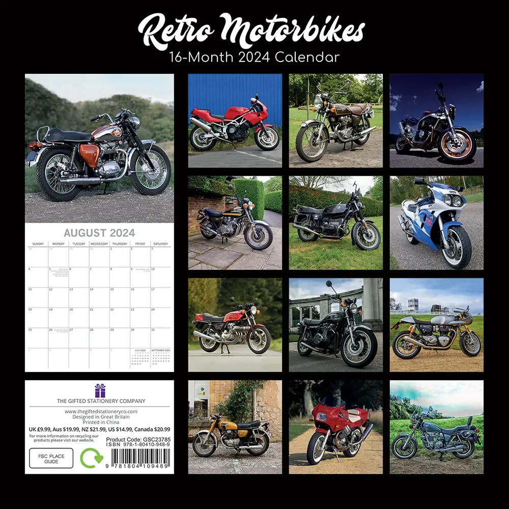 Retro Motorbikes - 2024 Square Wall Calendar 16 Months Planner New Year Gift Price