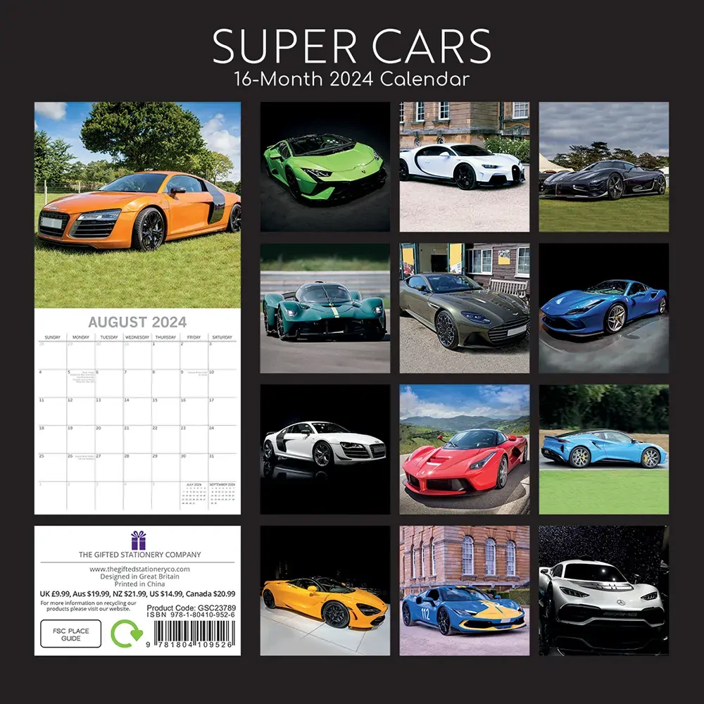 Super Cars - 2024 Square Wall Calendar 16 Months Planner Christmas New Year Gift Price
