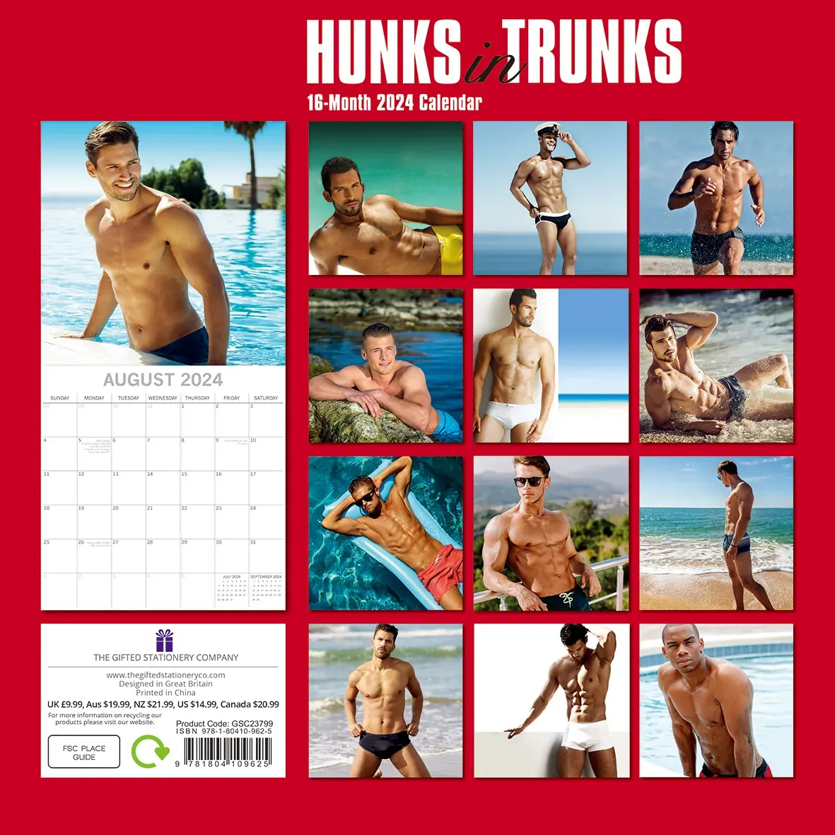 Hunks in Trunks - 2024 Square Wall Calendar 16 Months Planner Xmas New Year Gift Price