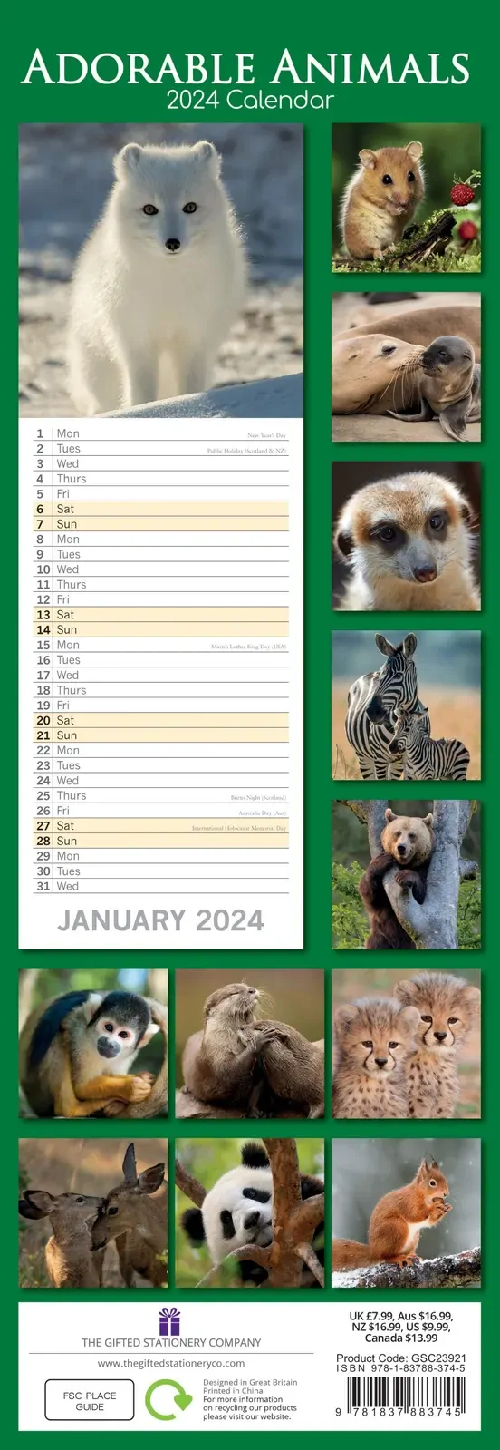Adorable Animals 2024 Slimline Slim Wall Calendar Hanging Planner New Year Gift Price