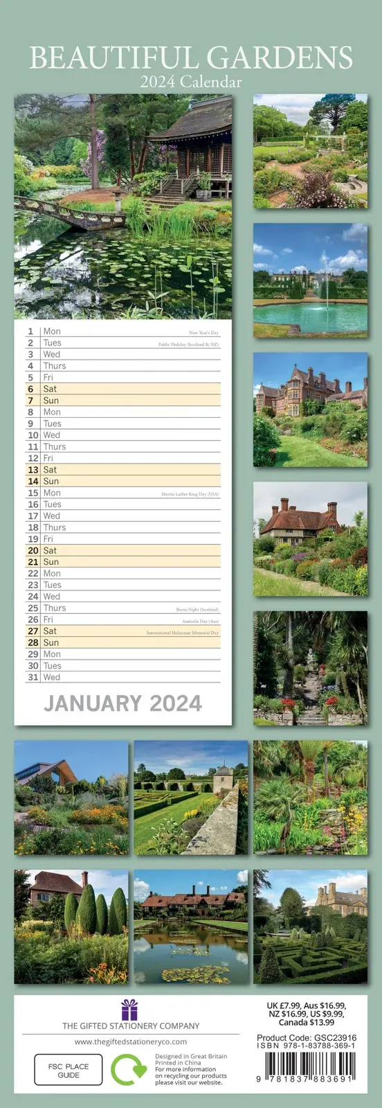 Beautiful Gardens 2024 Slimline Slim Wall Calendar Hanging Planner New Year Gift Price