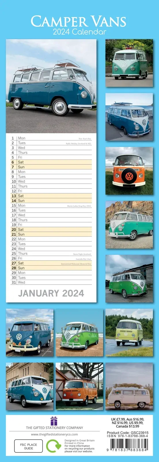 Camper Vans - 2024 Slimline Slim Wall Calendar Hanging Planner New Year Gift Price