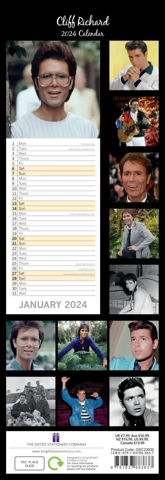Cliff Richard - 2024 Slimline Slim Wall Calendar Hanging Planner New Year Gift Price