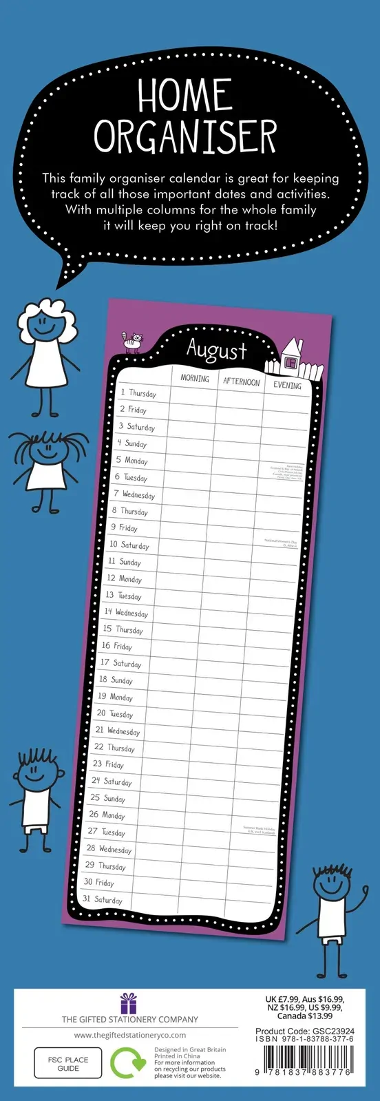 Family Home Organiser 2024 Slimline Slim Wall Calendar Hanging Planner New Year Price