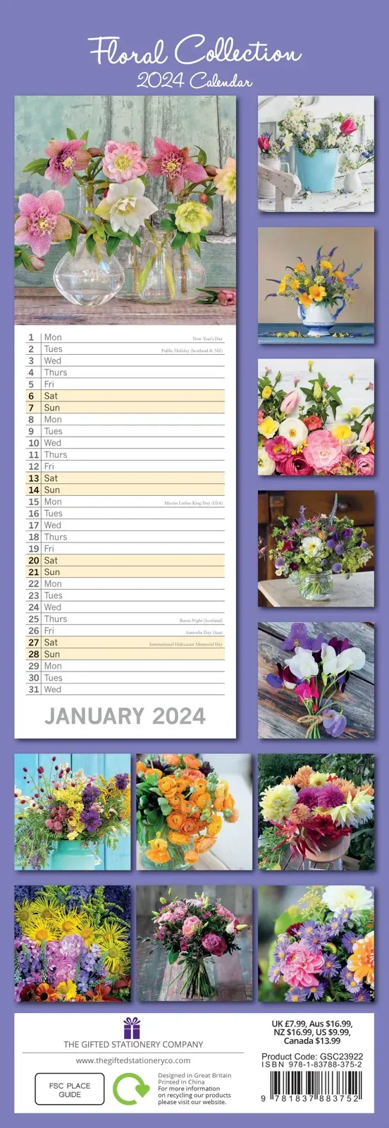 Floral Collection 2024 Slimline Slim Wall Calendar Hanging Planner New Year Gift Price