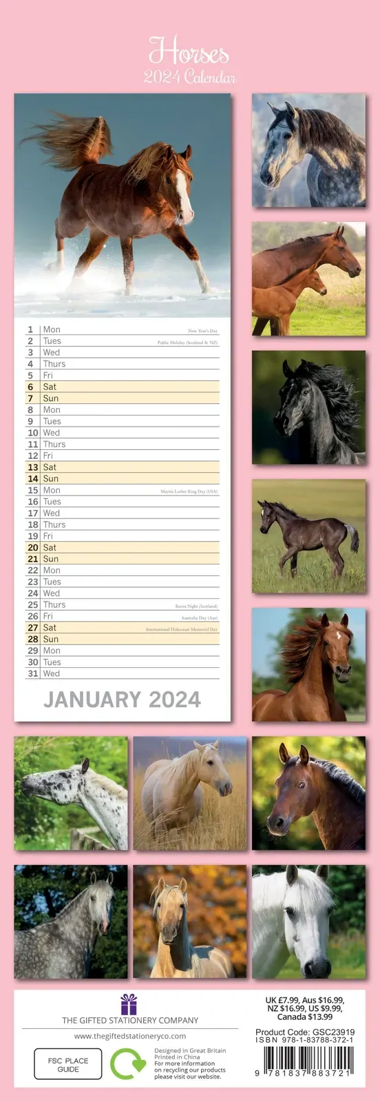Horses - 2024 Slimline Slim Wall Calendar Hanging Planner New Year Gift Price