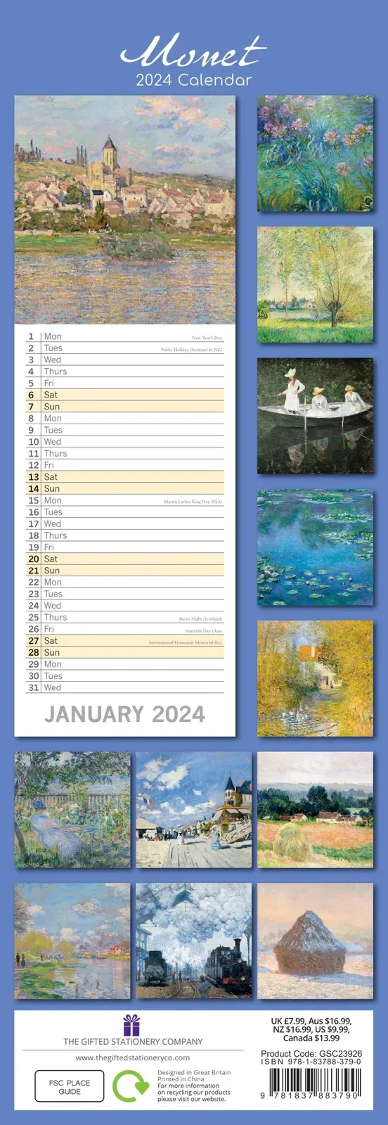 Monet - 2024 Slimline Slim Wall Calendar Hanging Planner New Year Gift Price