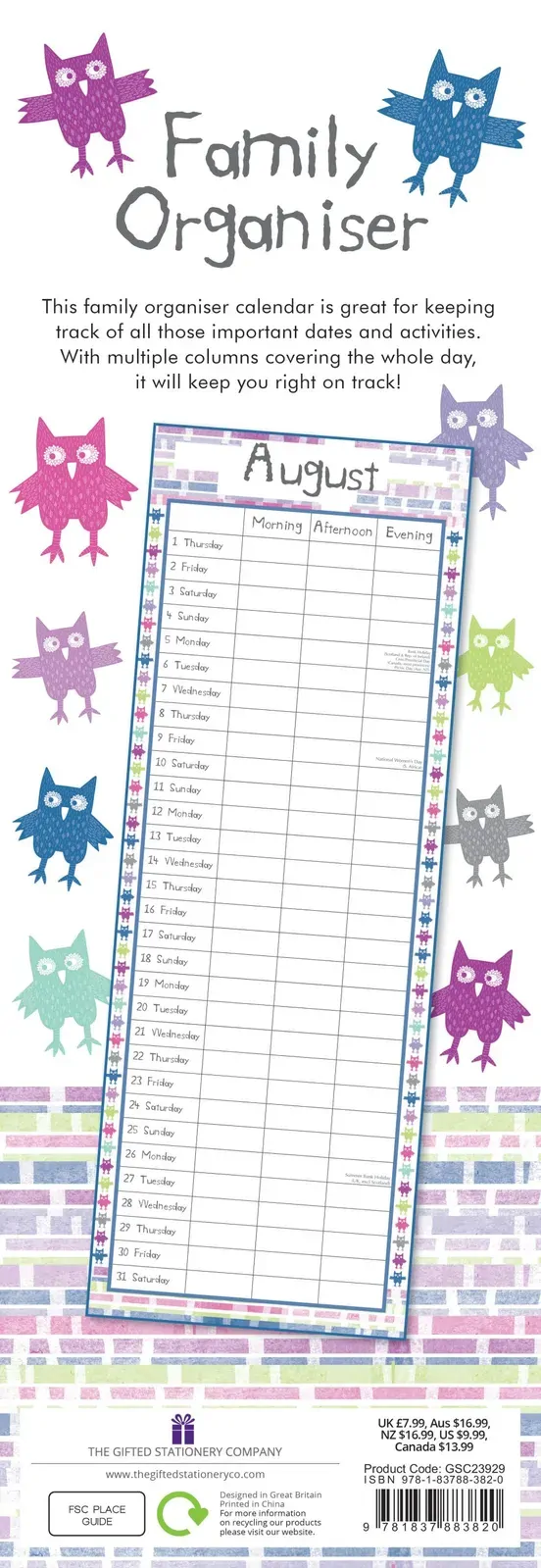 Owls - 2024 Slimline Slim Wall Calendar Hanging Planner New Year Gift Price