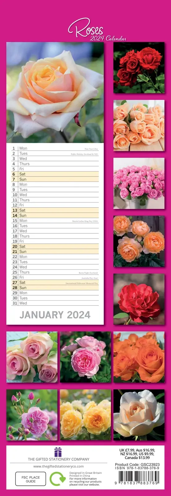 Roses - 2024 Slimline Slim Wall Calendar Hanging Planner New Year Gift Price