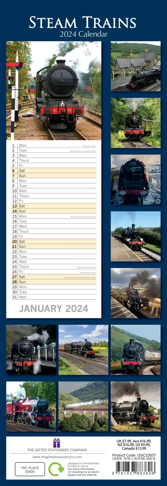 Steam Trains - 2024 Slimline Slim Wall Calendar Hanging Planner New Year Gift Price