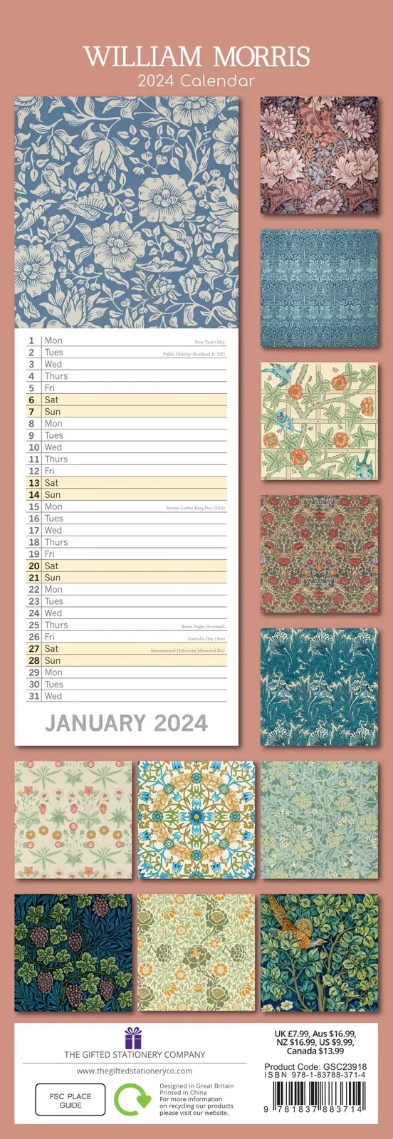 William Morris Rose - 2024 Slimline Slim Wall Calendar Hanging Planner New Year Price