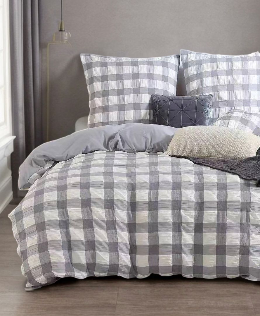 Rylee Grey Check Seersucker Quilt Cover Set - Super King Size Price