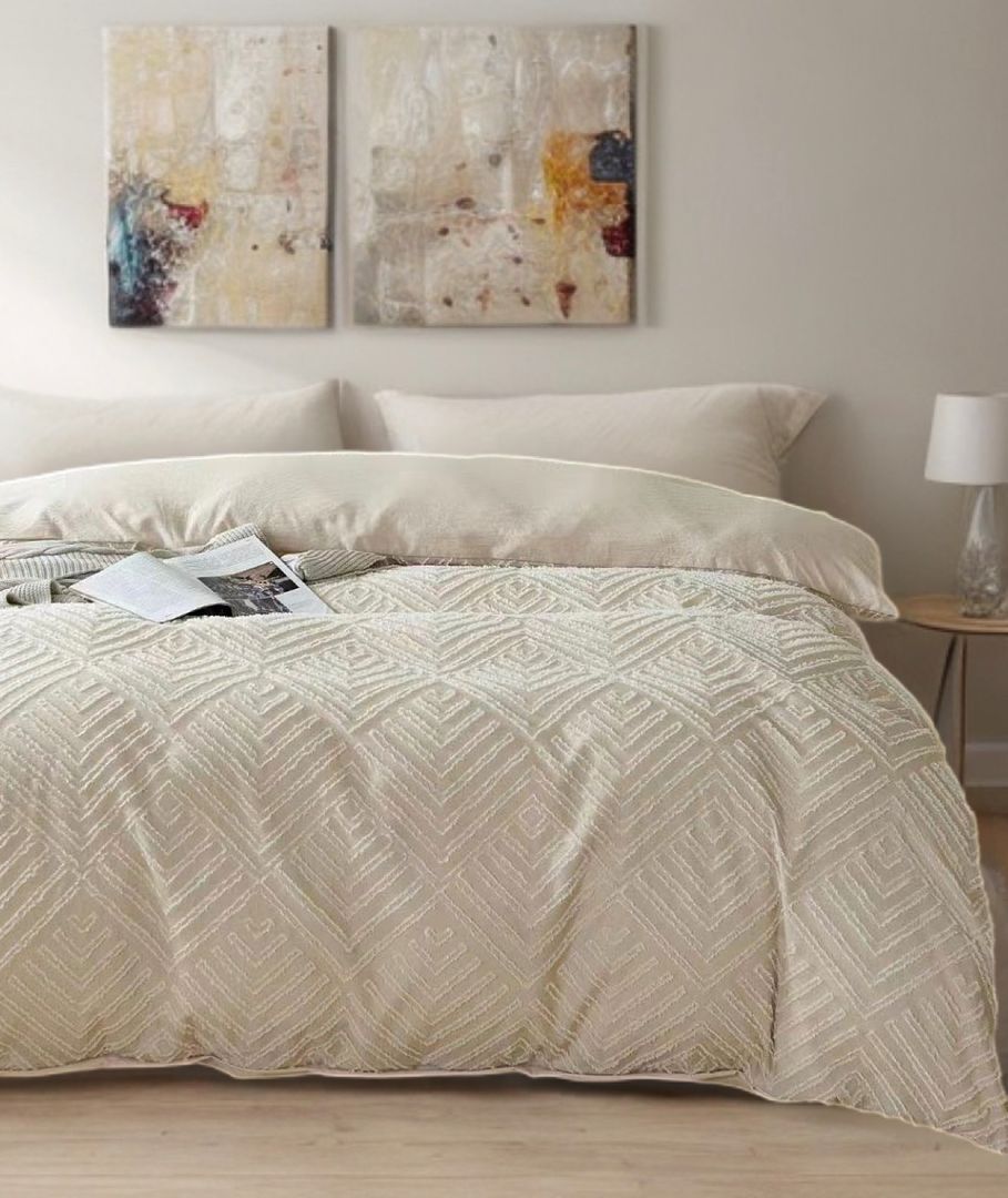 Tufted Textured Jacquard Quilt Cover Set- Beige - Super King Size Price