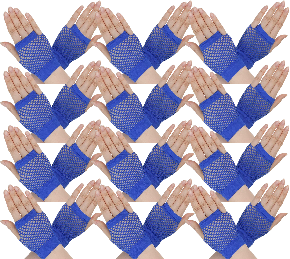 12 Pair Fishnet Gloves Fingerless Wrist Length 70s 80s Costume Party Bulk - Blue Price