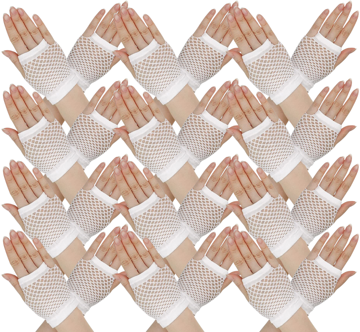12 Pair Fishnet Gloves Fingerless Wrist Length 70s 80s Costume Party - White Price